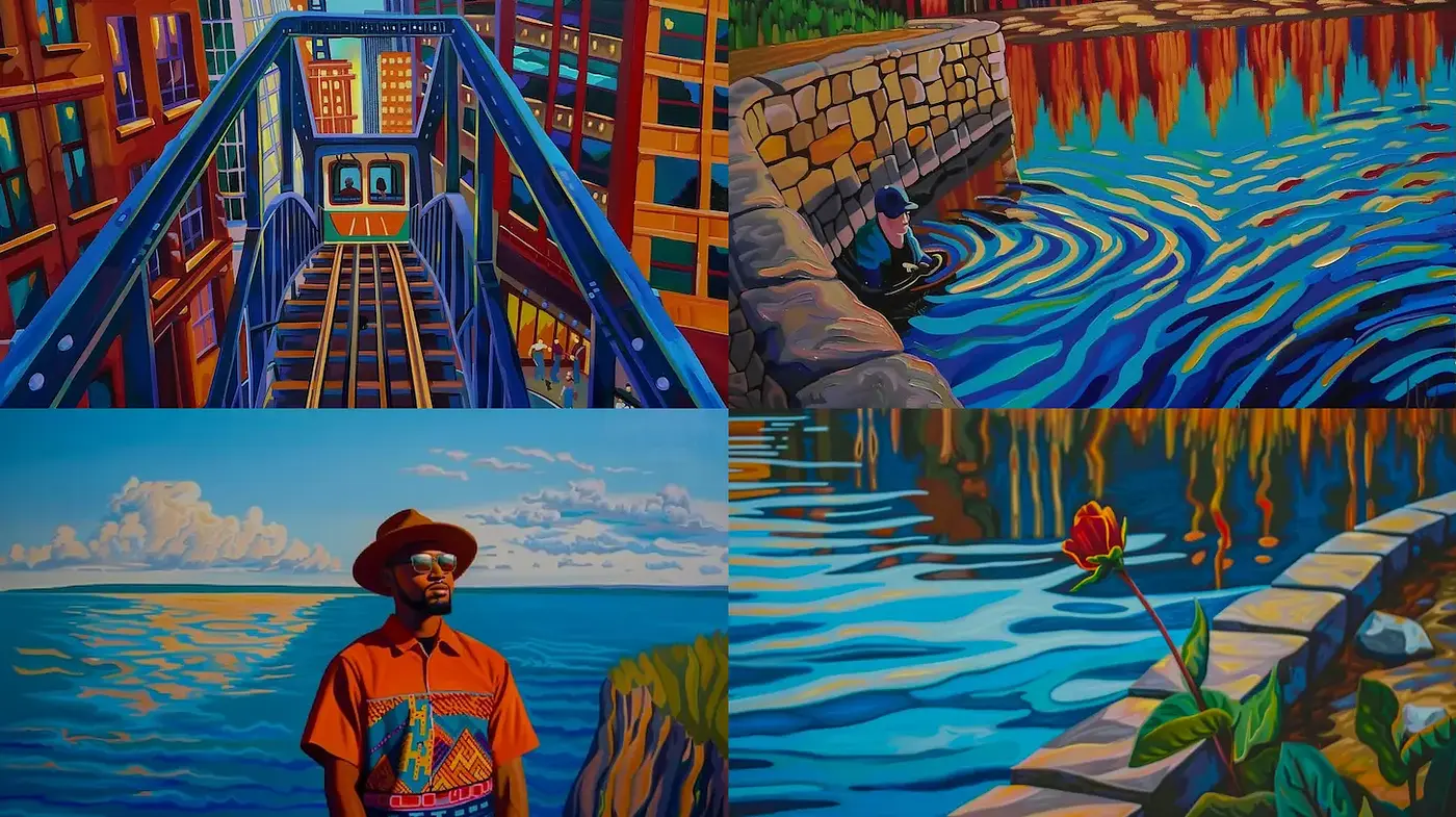 Vividly Textured Urban and Natural Scenes with Fluid Motifs - Midjourney sref style