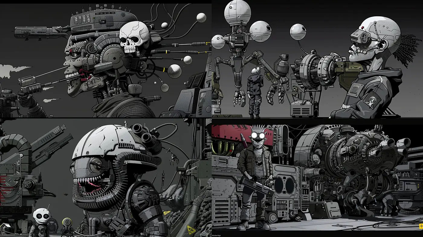 Monochrome Mechanized Dystopia: An Artistic Confluence of Retro-Futuristic Aesthetics and Industrialized Textures - Midjourney sref style