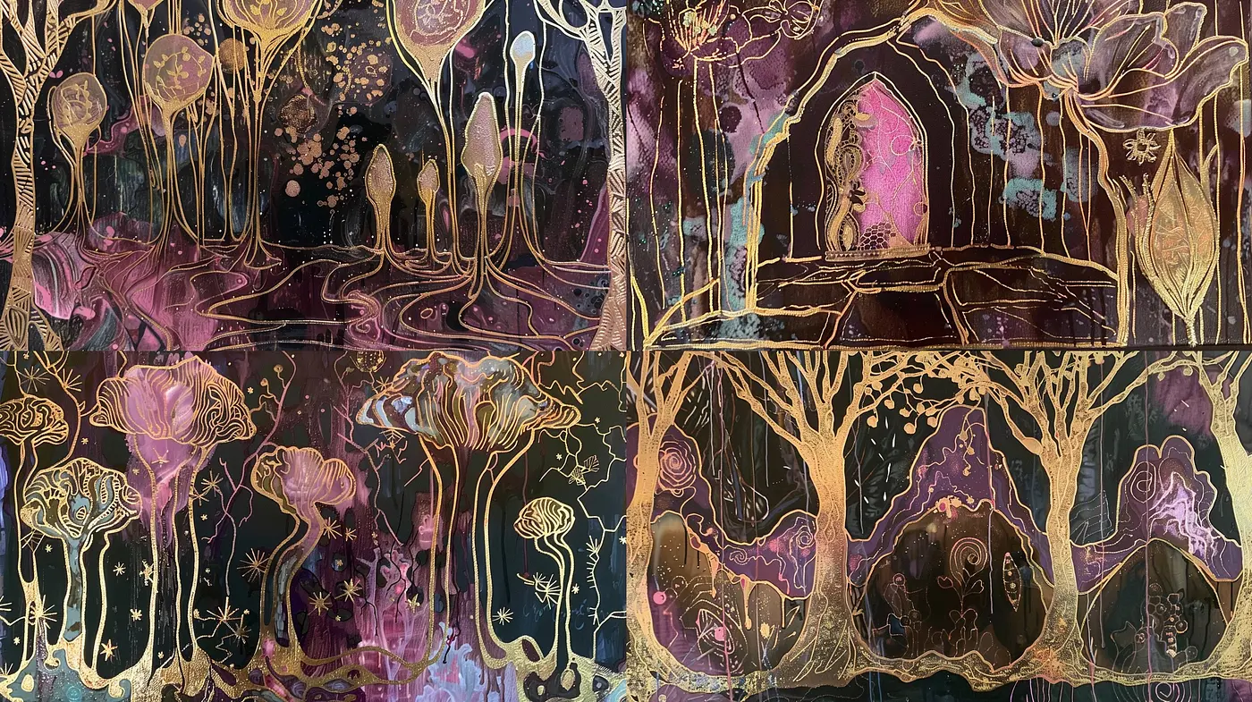 Ethereal Nocturne in Hues of Twilight: A Fantastical Journey Through Art Nouveau Influenced Dreamscape - Midjourney sref style