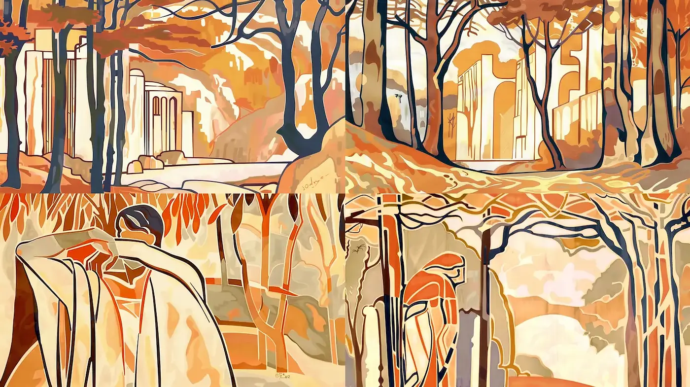 Art Nouveau Inspired Landscape with Warm Earthy Tones - Midjourney sref style