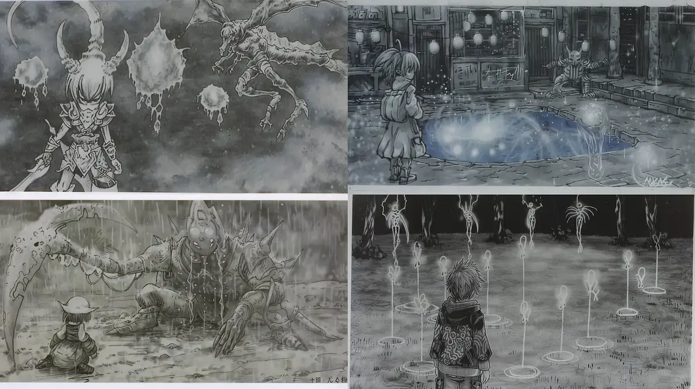 Monochromatic Fantasy Illustrations with Dreamlike Elements - Midjourney sref style