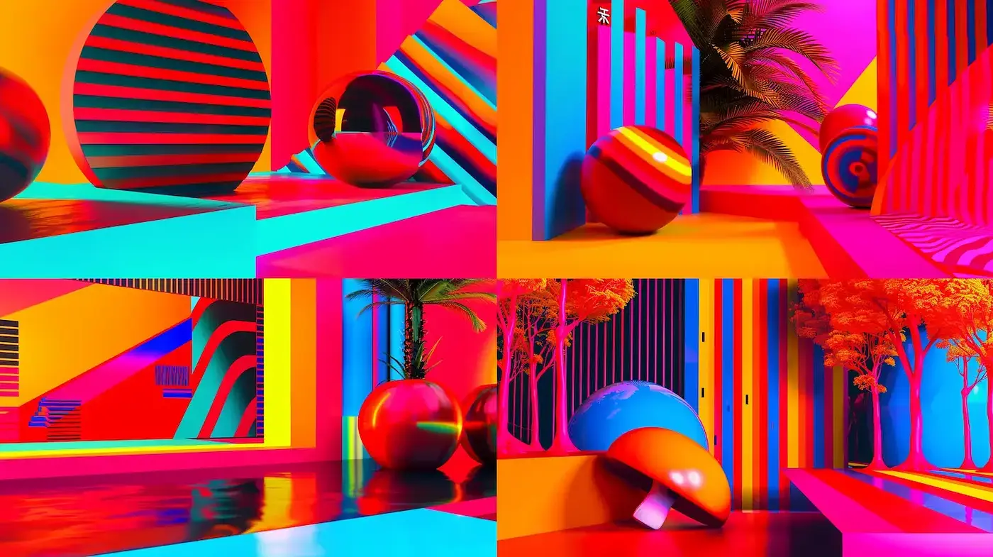Vividly Neon Geometric Abstraction with Tropical Elements - Midjourney sref style