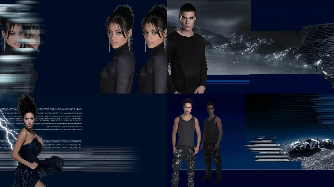 Futuristic, digitally rendered aesthetic with bold contrasts and dynamic textures - Midjourney sref style