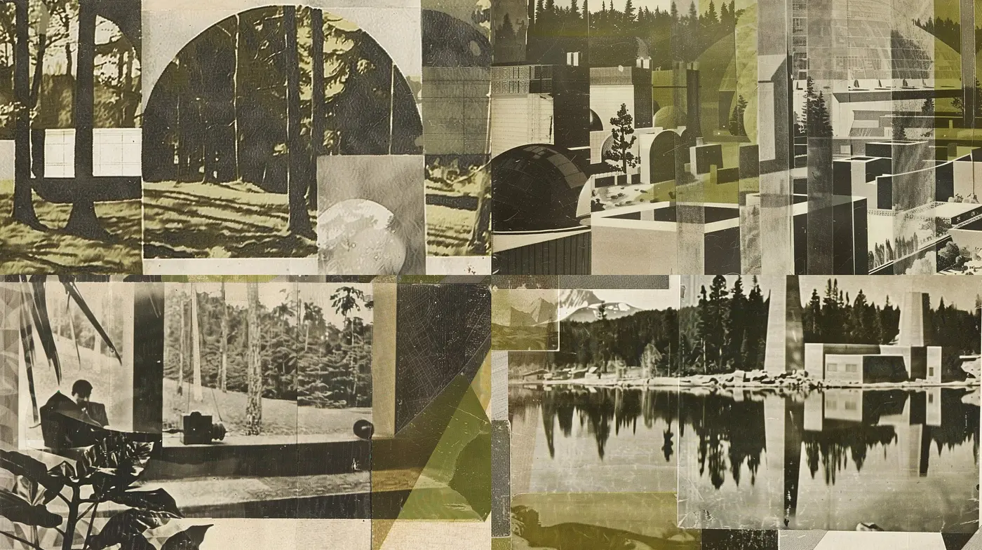 Consistent Sepia-Toned Collage of Nature and Architecture - Midjourney sref style