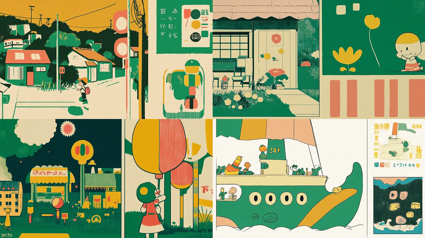 Whimsical Retro Japanese Children's Book Illustration - Midjourney sref style