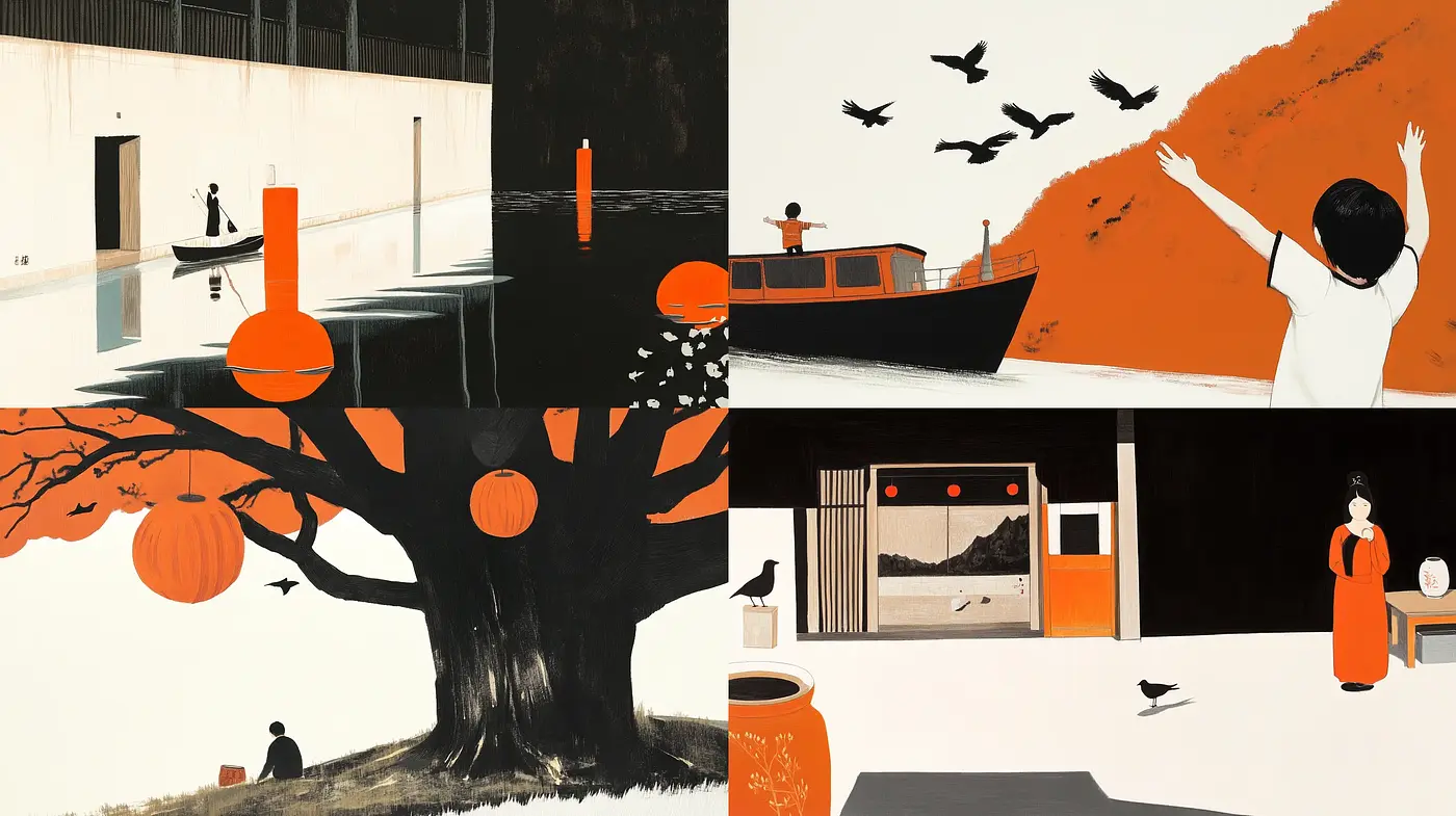 Minimalist Mod Elegance with a Harmonious Orange-Black-White Palette - Midjourney sref style