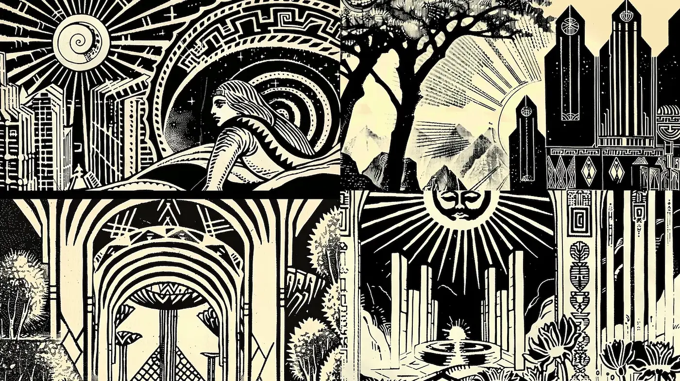 Futuristic Art Deco with Eclectic Influences and Geometric Patterns - Midjourney sref style