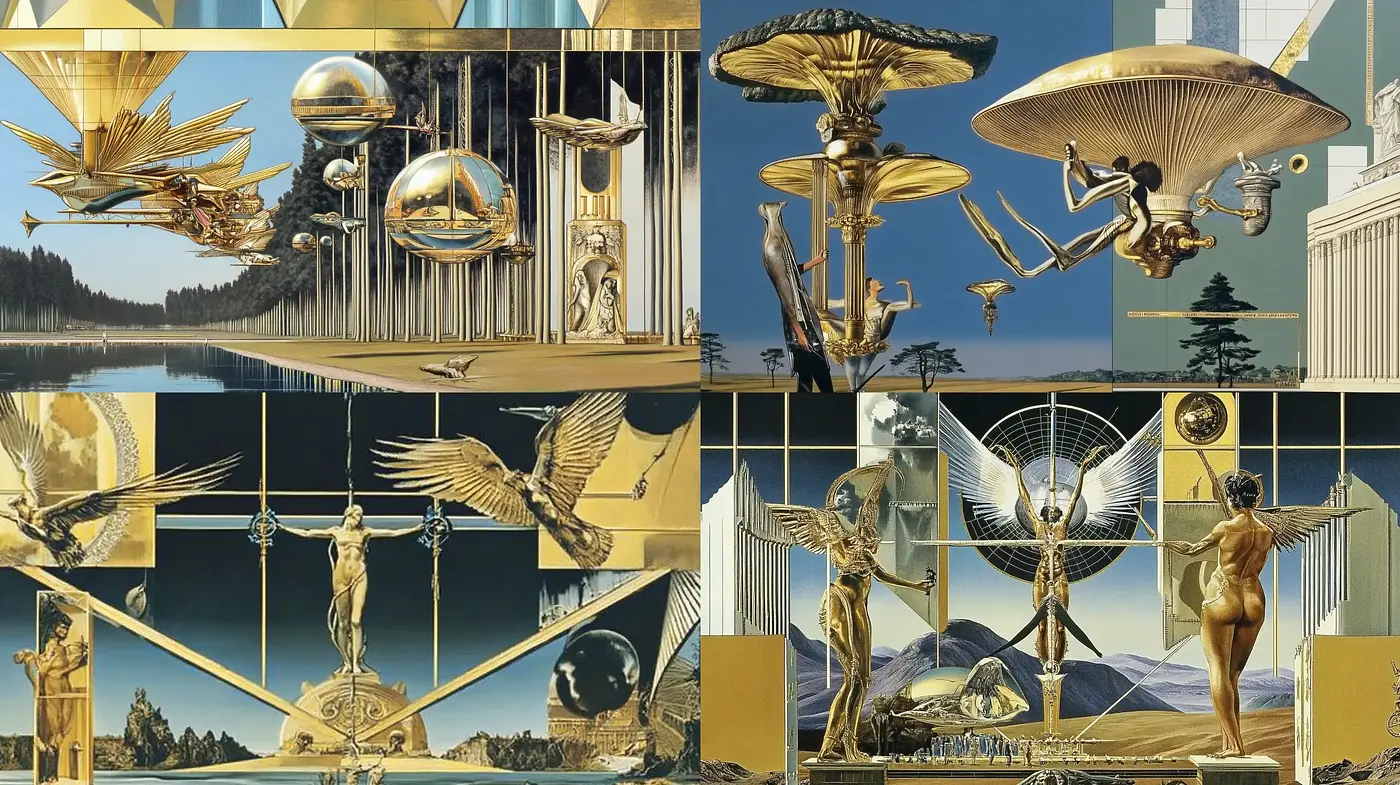 Surreal Golden Dreamscape in Postmodern Panorama - Midjourney sref style