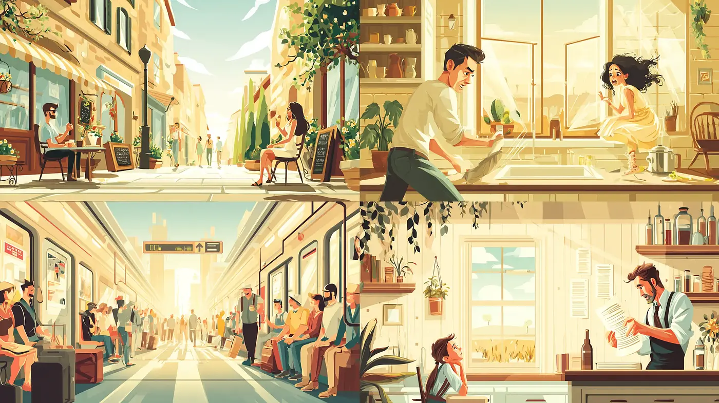 Charming, warm narratives of everyday life in vibrant urban settings - Midjourney sref style