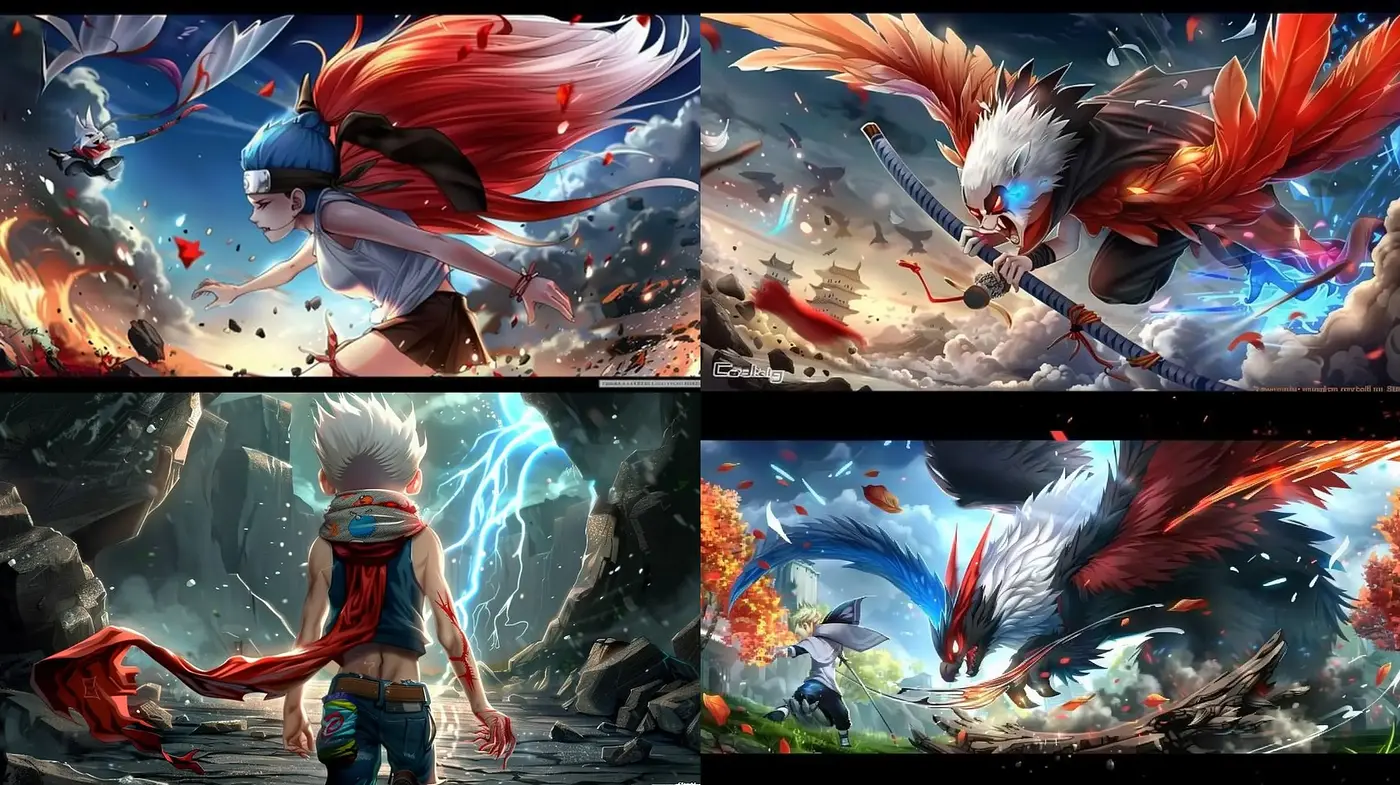Epic Dynamic Battle Scenes with Vivid Contrasts and Anime Influence - Midjourney sref style
