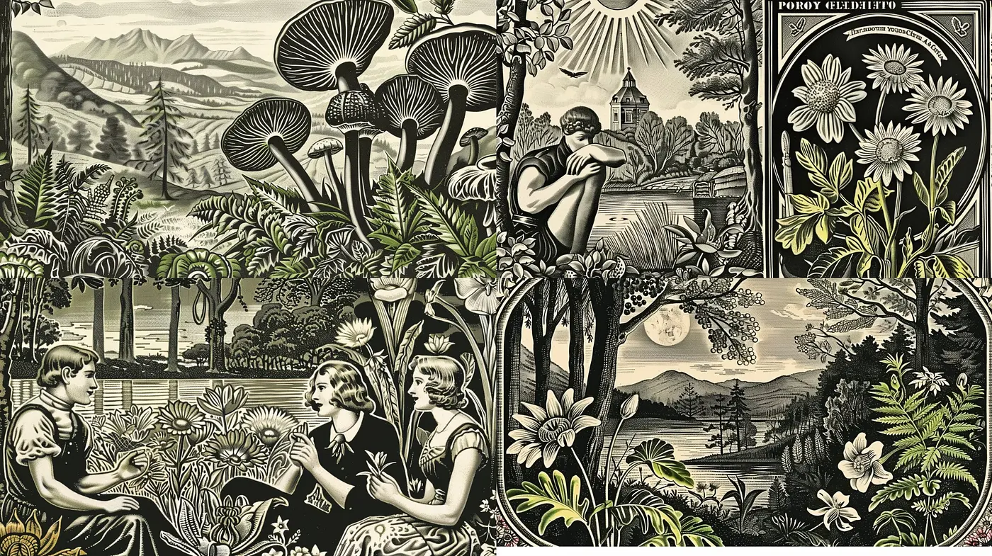 Enigmatic Monochrome Narratives: A Study in Stylized Linework and Evocative Textures - Midjourney sref style