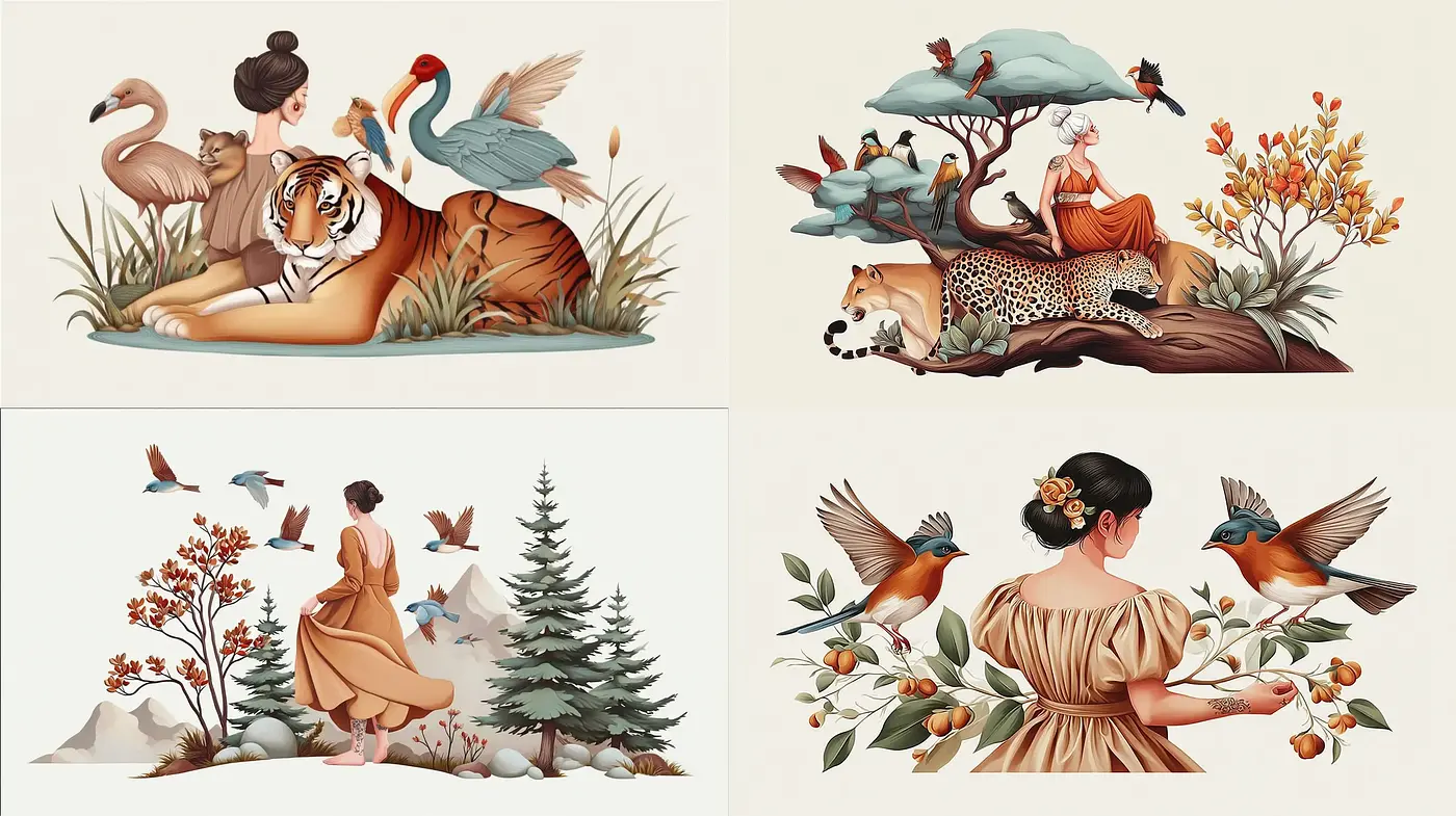 Ethereal and harmonious illustrations reflecting nature and femininity - Midjourney sref style