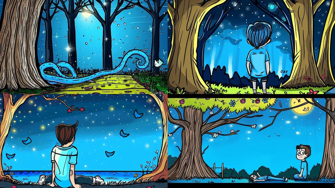 Whimsical nightscapes with a dreamlike quality and vibrant cartoonish elements - Midjourney sref style