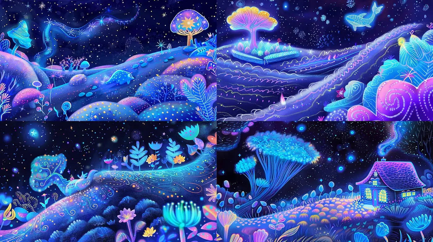 Dreamy and Surreal Landscape with Vivid Neon Colors and Fantasy Elements - Midjourney sref style