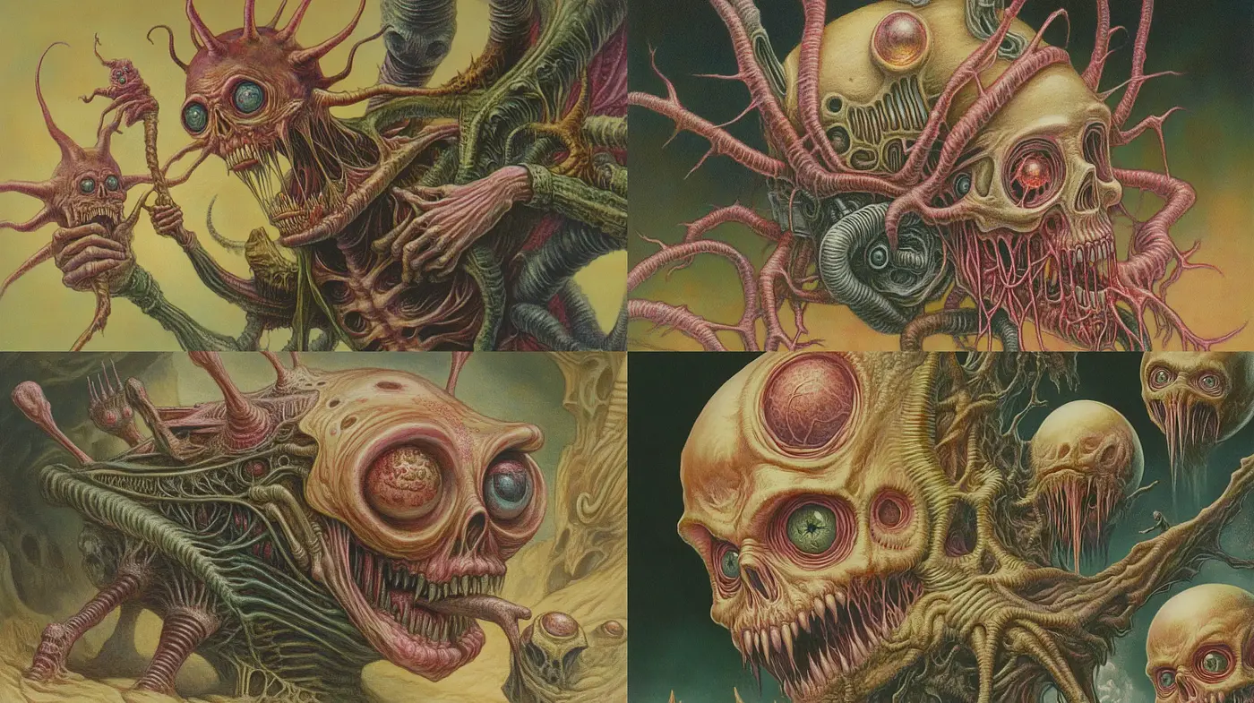 Surreal Biomechanical Dreamscape with Eerie Overtones - Midjourney sref style
