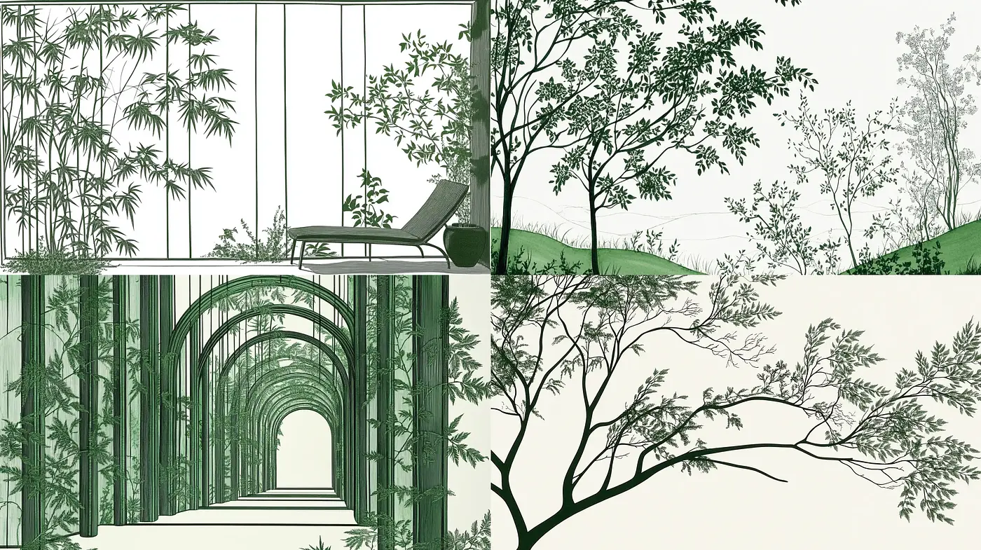 Ethereal Green Monochromatic Dreamscapes in Linear Style - Midjourney sref style