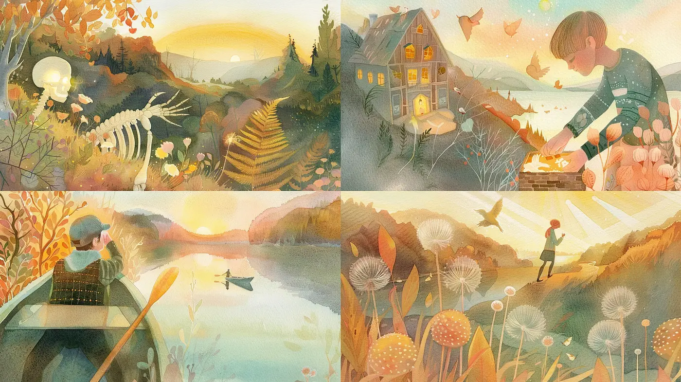 Whimsical Autumn Twilight Watercolor Series - Midjourney sref style