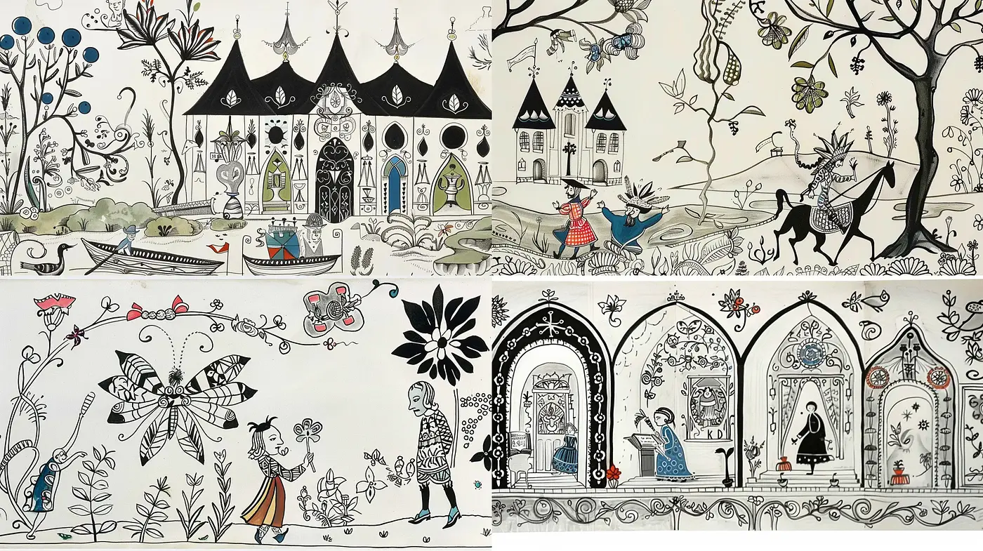 Whimsical Fairy Tale Ink Illustrations with Monochromatic Elegance and Detailed Flourishes - Midjourney sref style