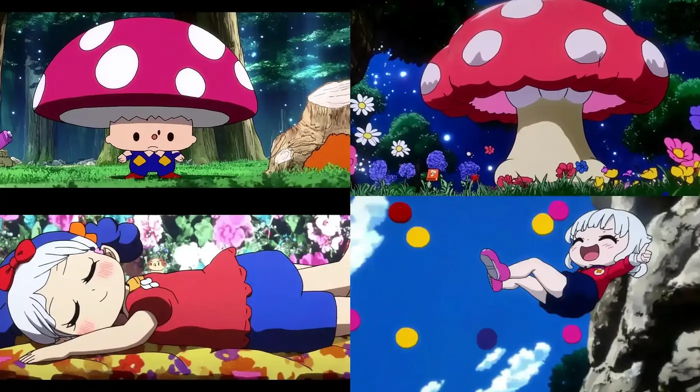 Whimsical Anime Dreamscape with Vibrant Storybook Overtones - Midjourney sref style