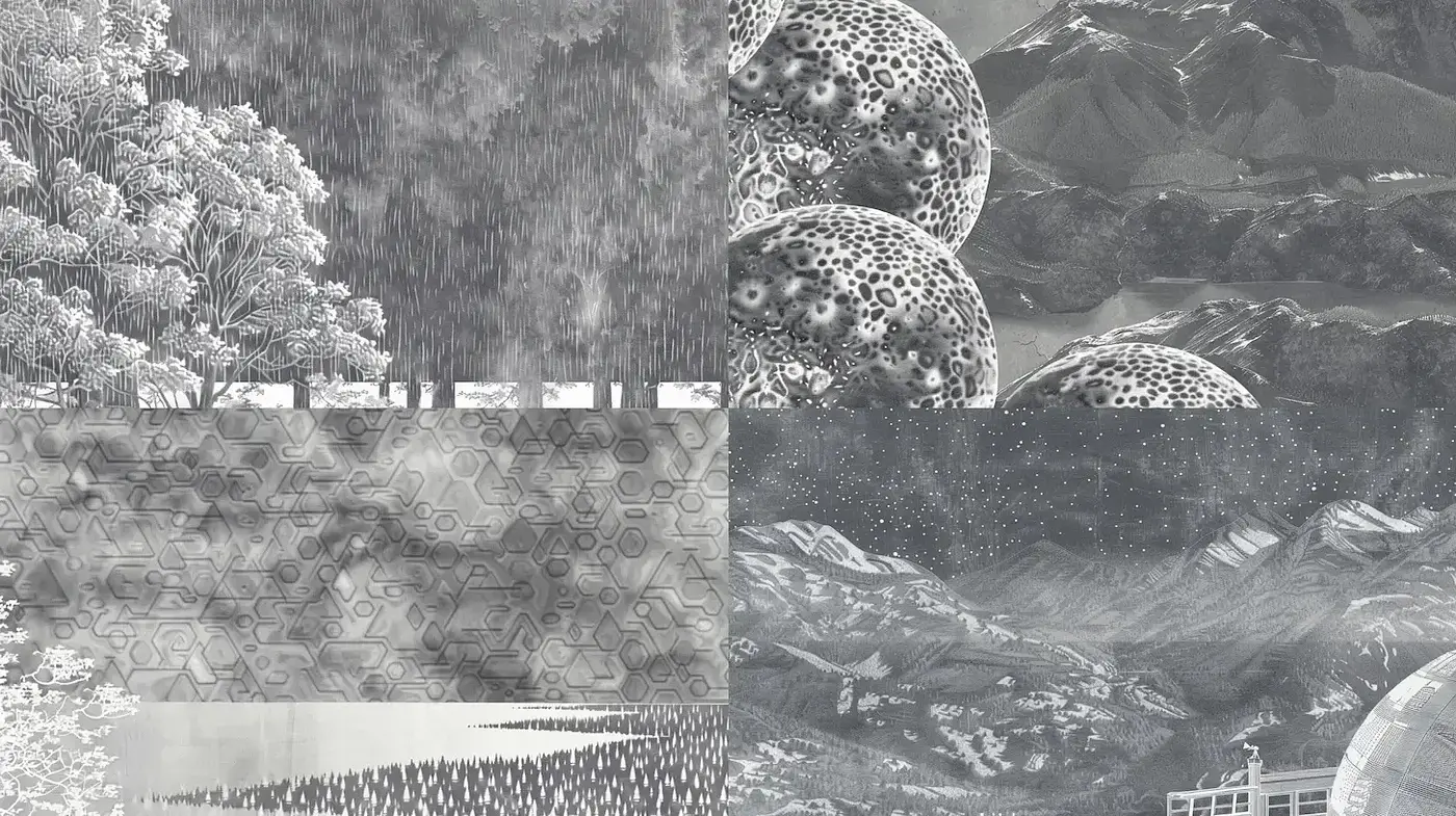 Monochromatic Nature-Inspired Textural Exploration with Abstract Elements - Midjourney sref style