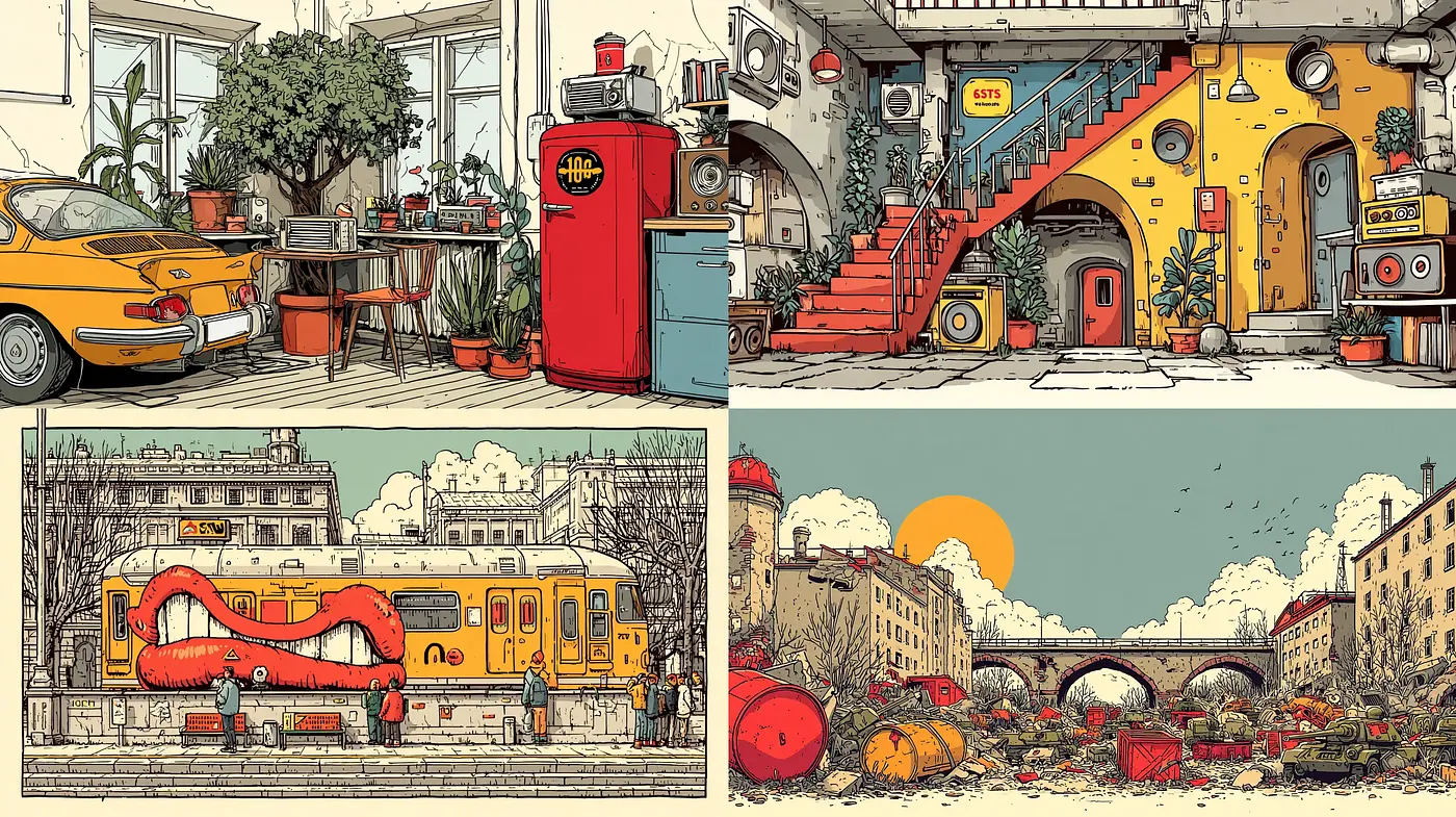 Whimsical Illustrated Urban Scenes with Vintage Charm - Midjourney sref style