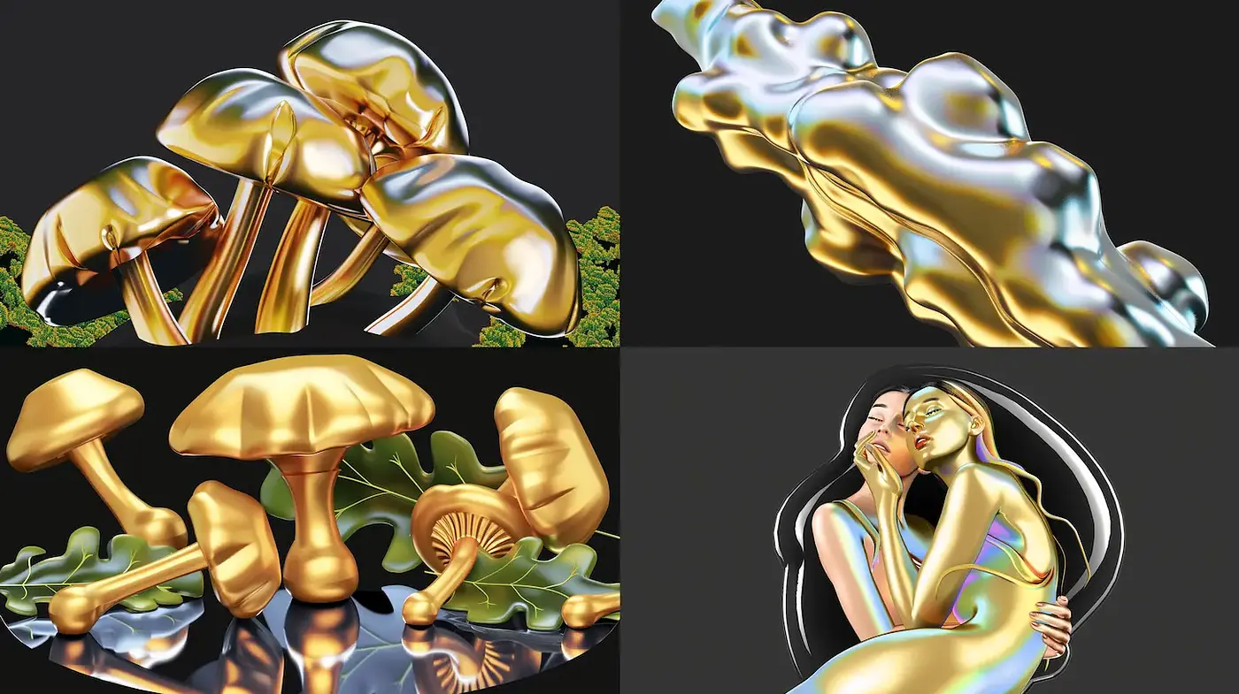 Surrealistic Golden Organic Forms with High Gloss and Fluidity - Midjourney sref style