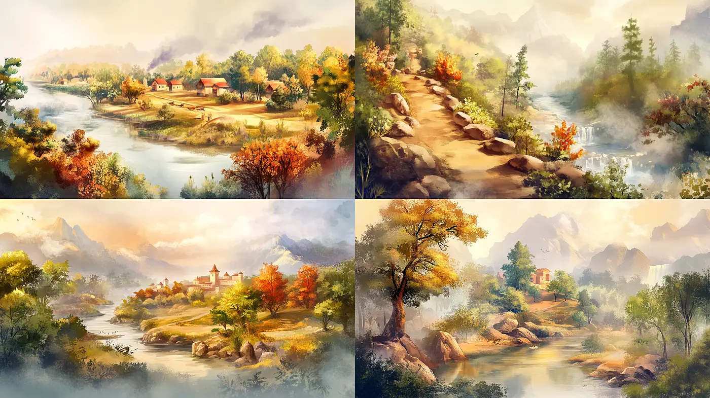 Serene Autumnal Landscapes with Lyrical Brushwork and Soft Atmosphere - Midjourney sref style