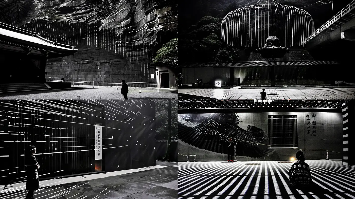 Monochromatic Architectural Perspectives with Dramatic Lighting - Midjourney sref style