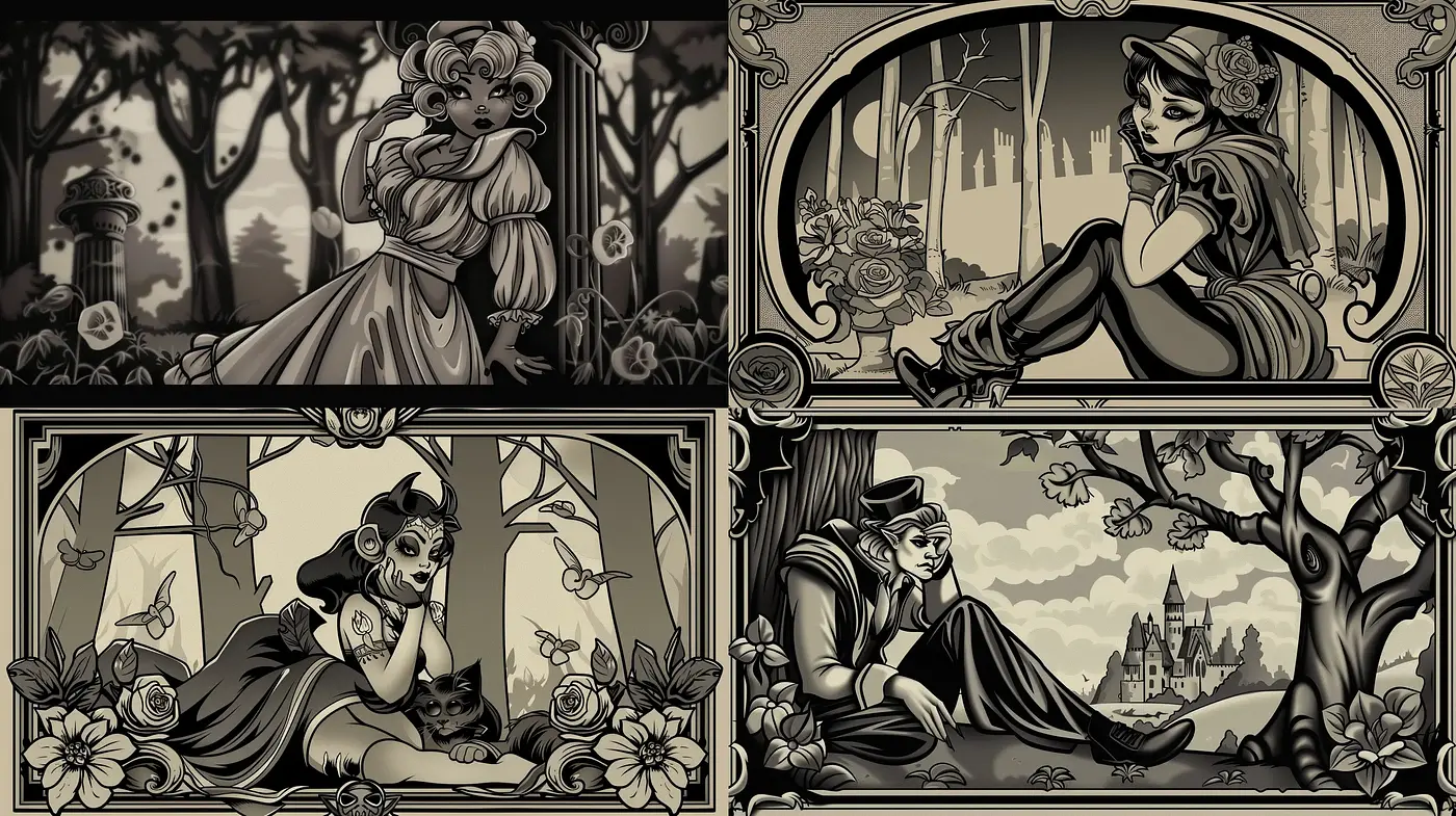 Gothic Elegance in Monochromatic Art Nouveau Frames - Midjourney sref style