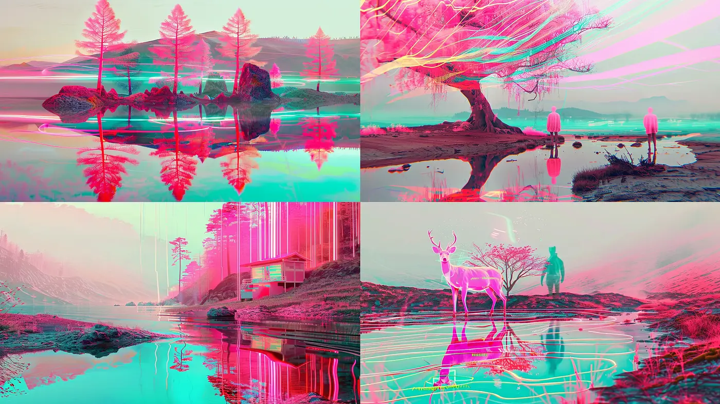 Surreal Synthwave Dreamscape with Vivid Neon Contrasts - Midjourney sref style