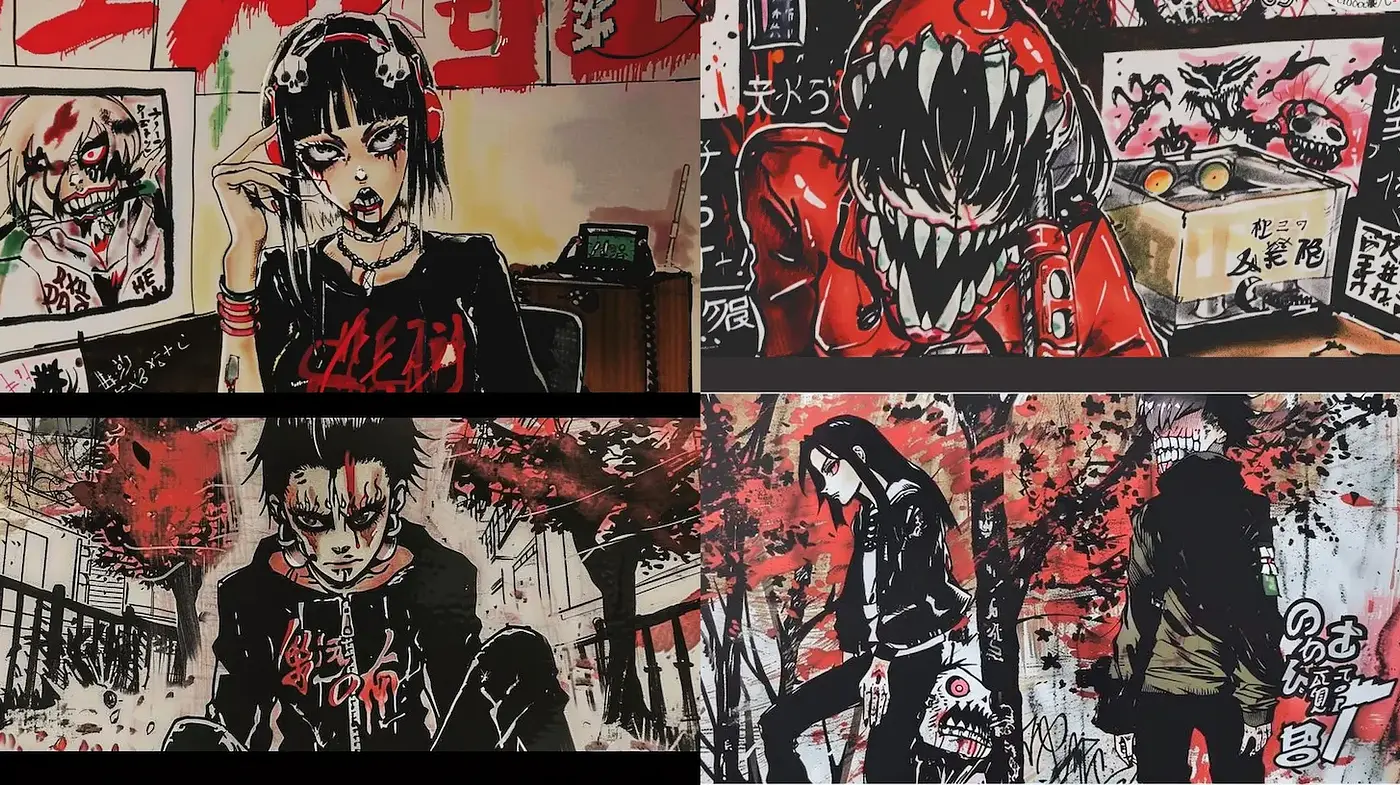 Dynamic and expressive urban art with a dark anime influence - Midjourney sref style