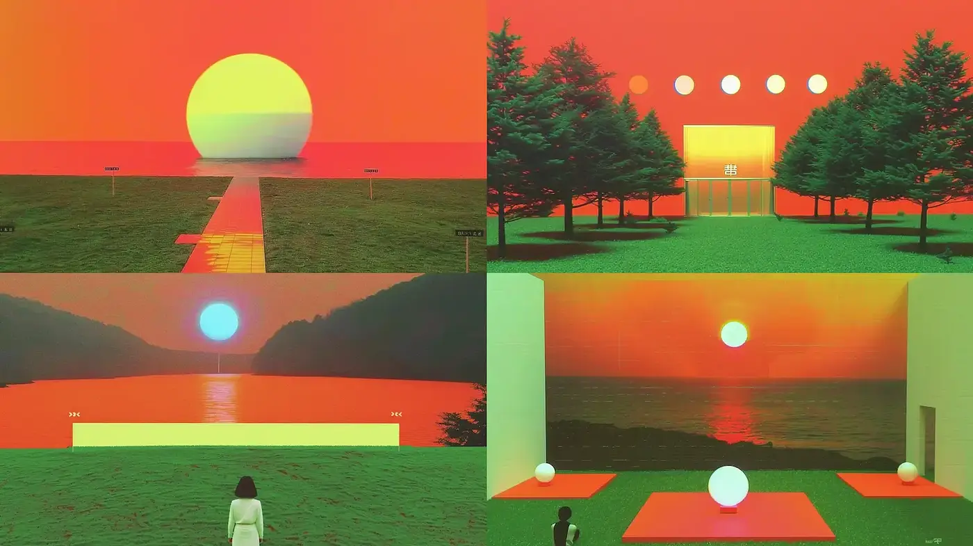 Surreal and Vibrant Landscapes with Geometric Harmony - Midjourney sref style