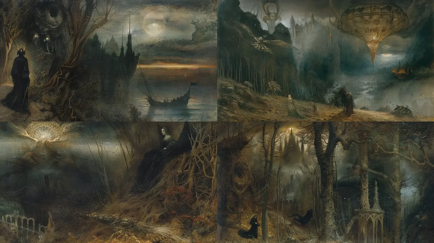 Ethereal Nocturnal Dreamscapes with a Romantically Dark Aesthetic - Midjourney sref style
