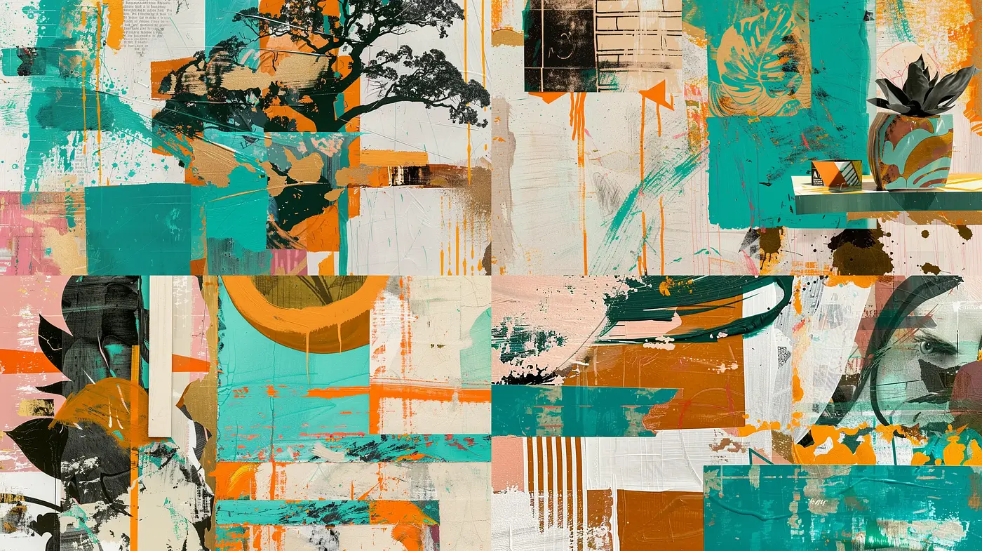 Abstract Tropical Collage in Earth Tones with Retro Futurist Elements - Midjourney sref style
