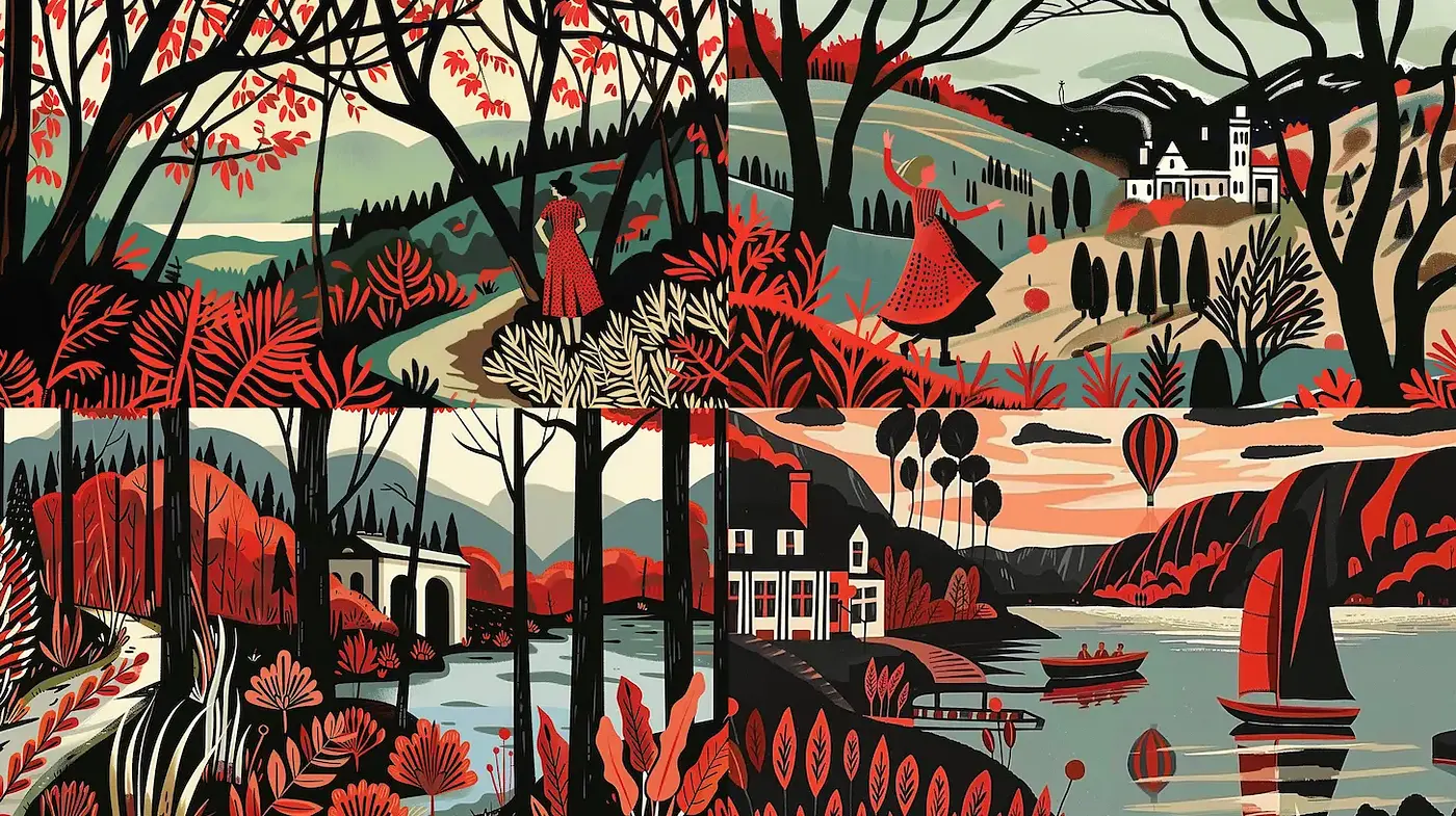 Intricate and Whimsical Landscape Illustrations with a Bold Color Palette - Midjourney sref style