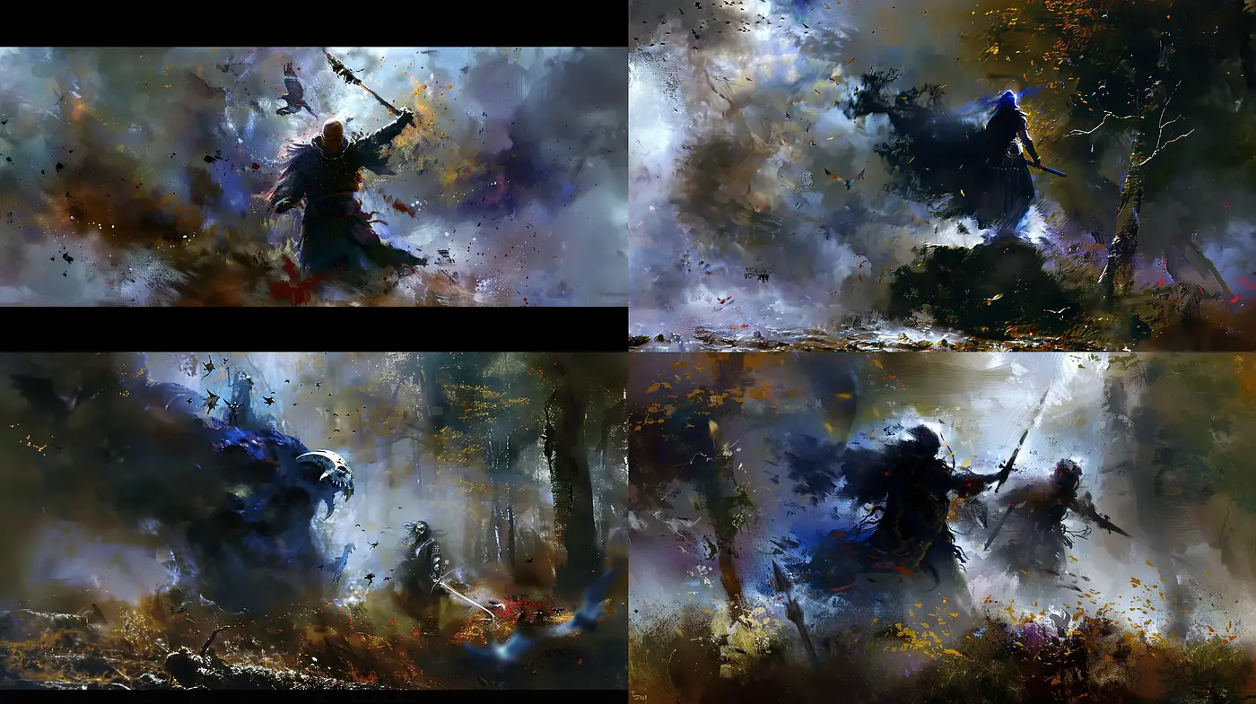 Ethereal Brushwork and Surreal Battlefields - A Synthesis of Dynamic Abstraction - Midjourney sref style