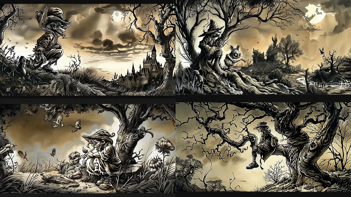 Tales of Sepia-Toned Enchantments: An Artistic Journey Through Monochromatic Whimsy - Midjourney sref style