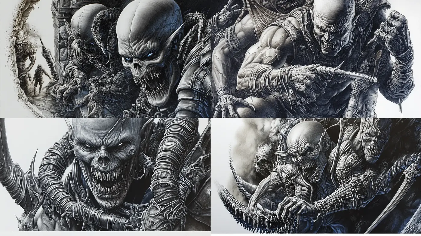 Monochromatic Fury: Intricate Shadows in Grayscale - Midjourney sref style