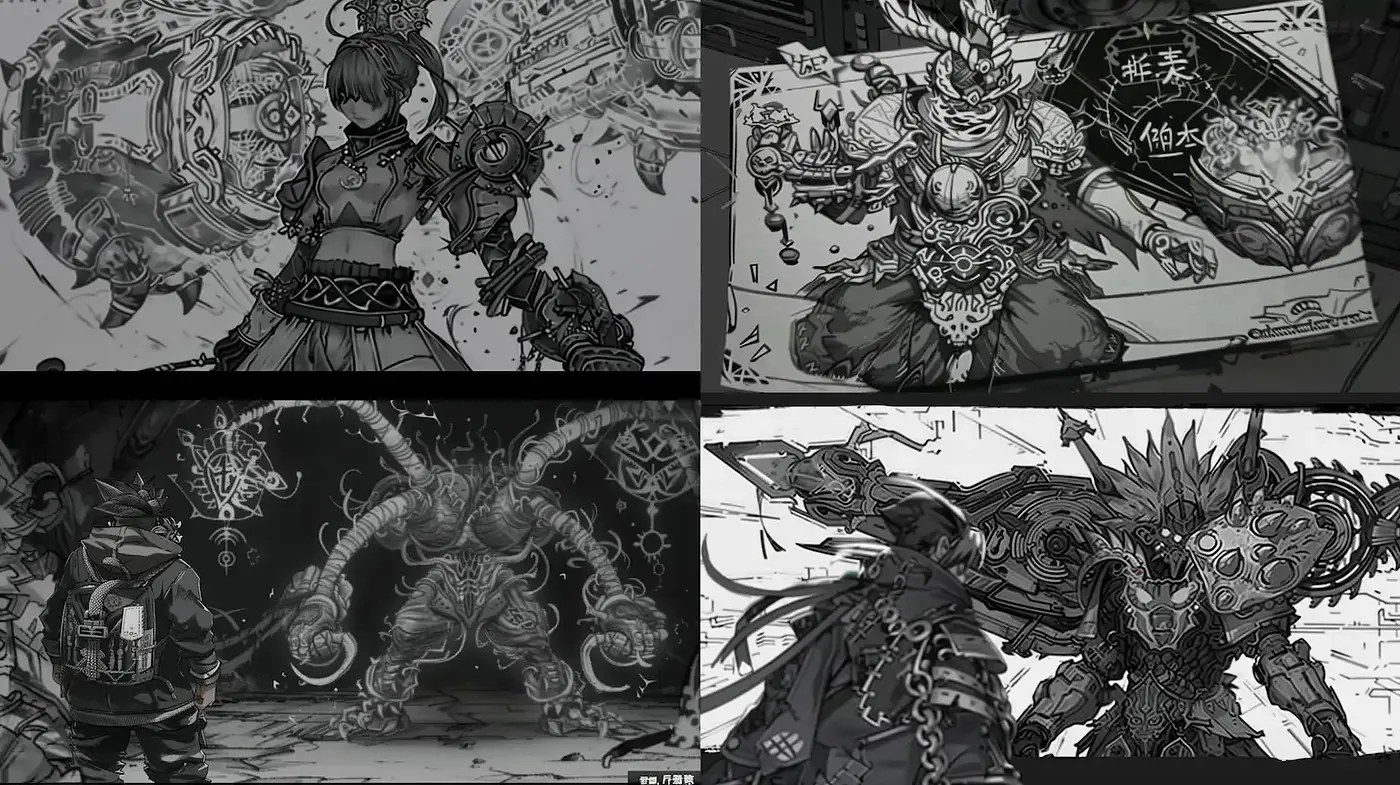 Stylized monochromatic fantasy illustrations with intricate detailing and dynamic poses - Midjourney sref style