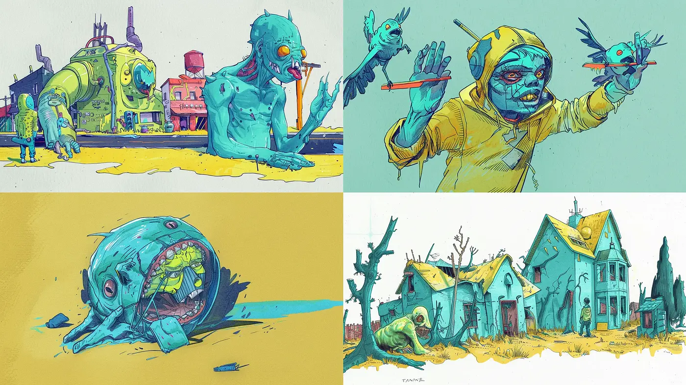 Eccentric Surreal Visions in Sketch-like Textures and a Turquoise-Dominant Palette - Midjourney sref style