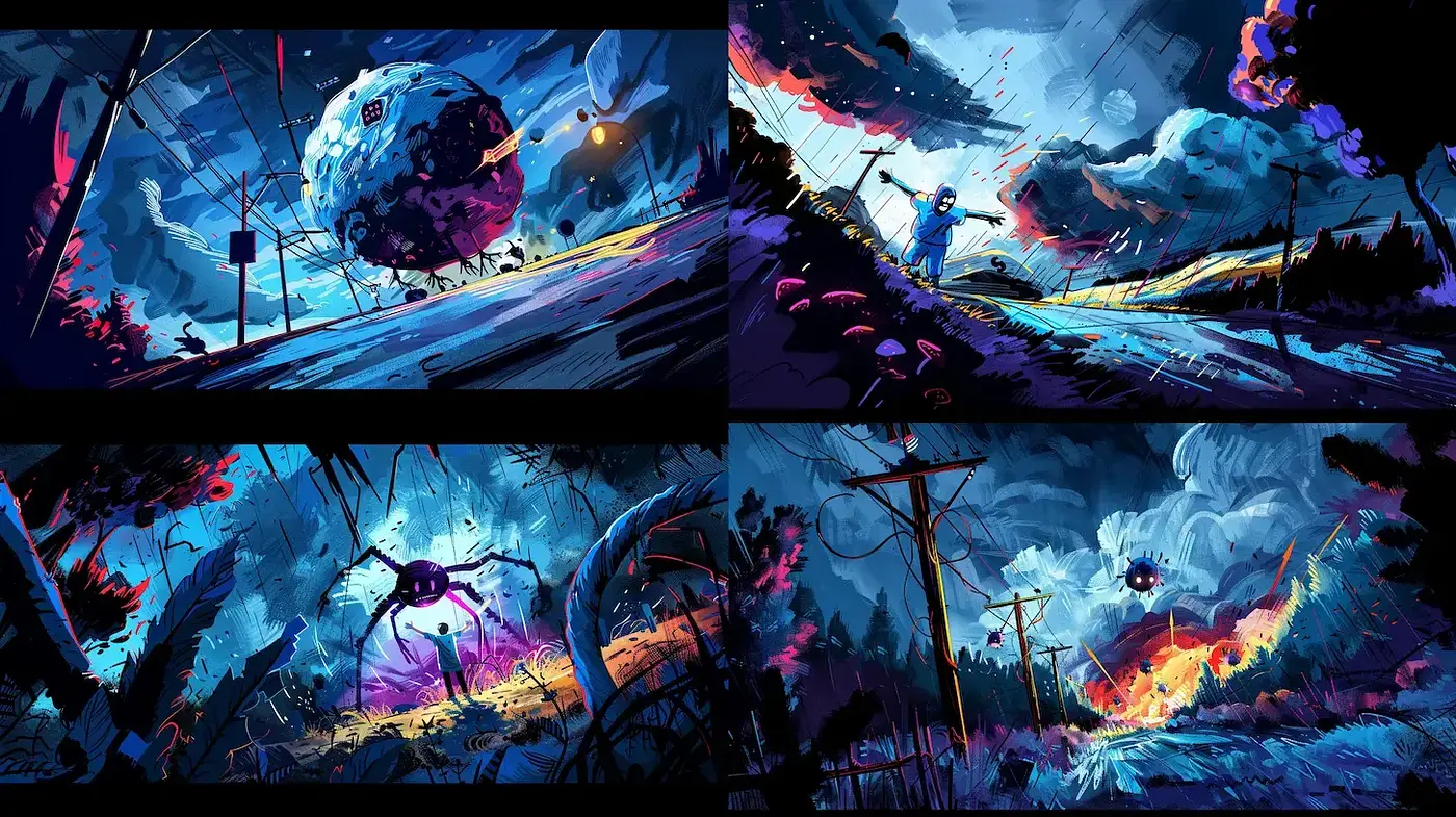 Dynamic and atmospheric stylized landscapes with a surreal touch - Midjourney sref style