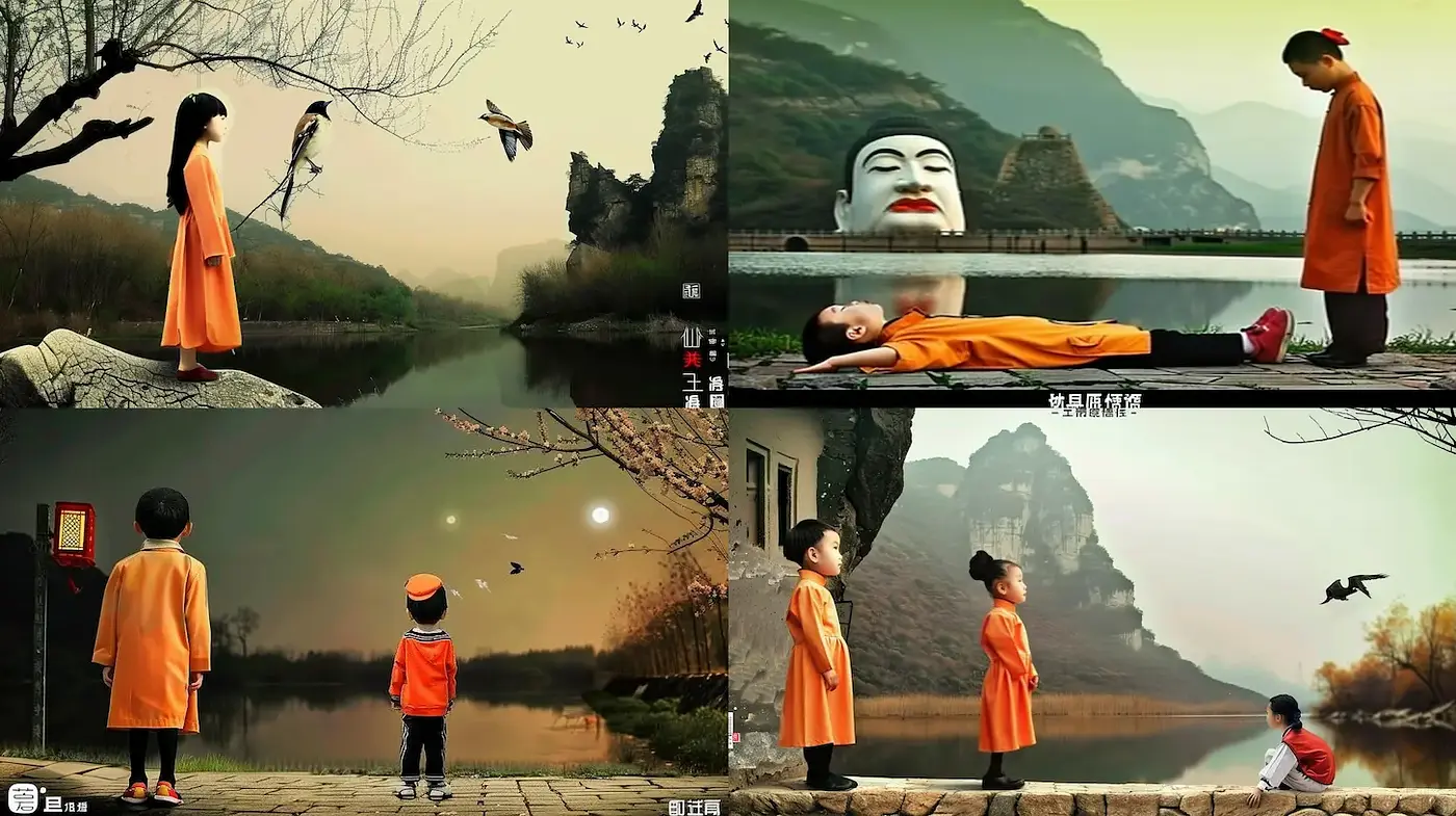 Harmonious Blend of Serene Landscapes and Childlike Innocence - Midjourney sref style