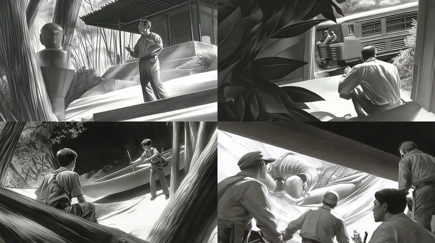 Monochromatic Tension in Cinematic Storytelling - Midjourney sref style