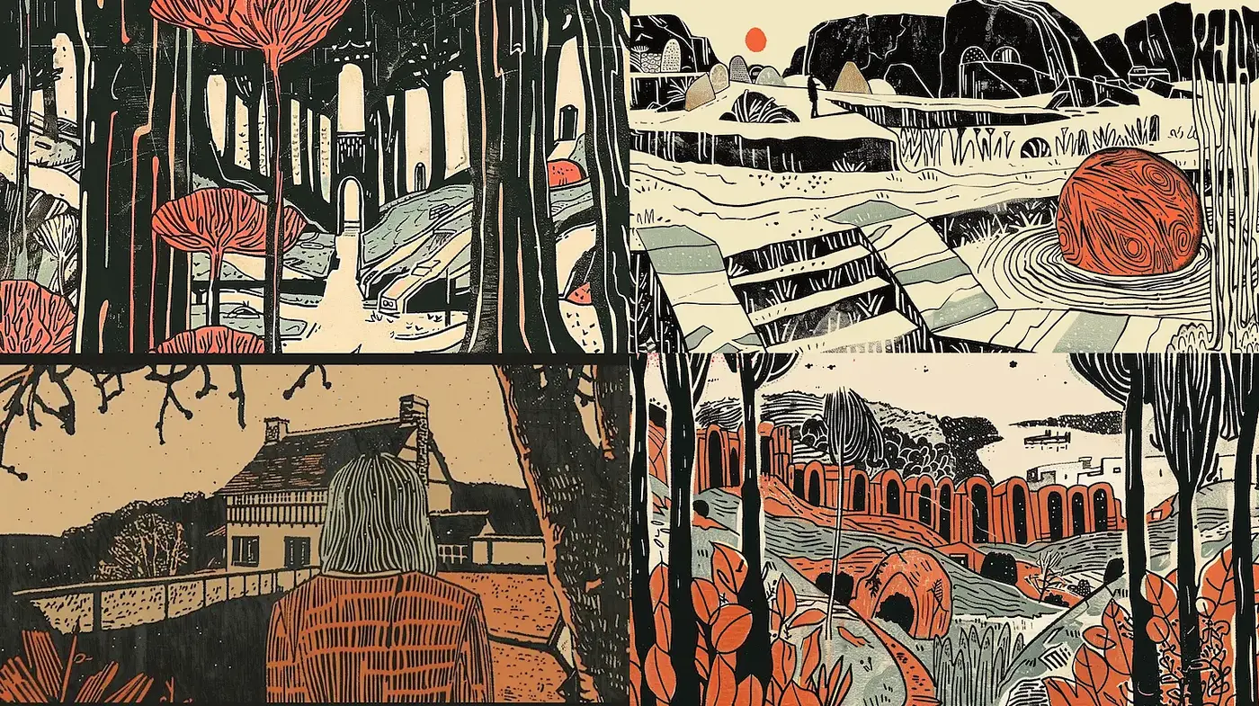 Intricate Nature Scenes with Whimsical Elements and Vintage Aesthetic - Midjourney sref style