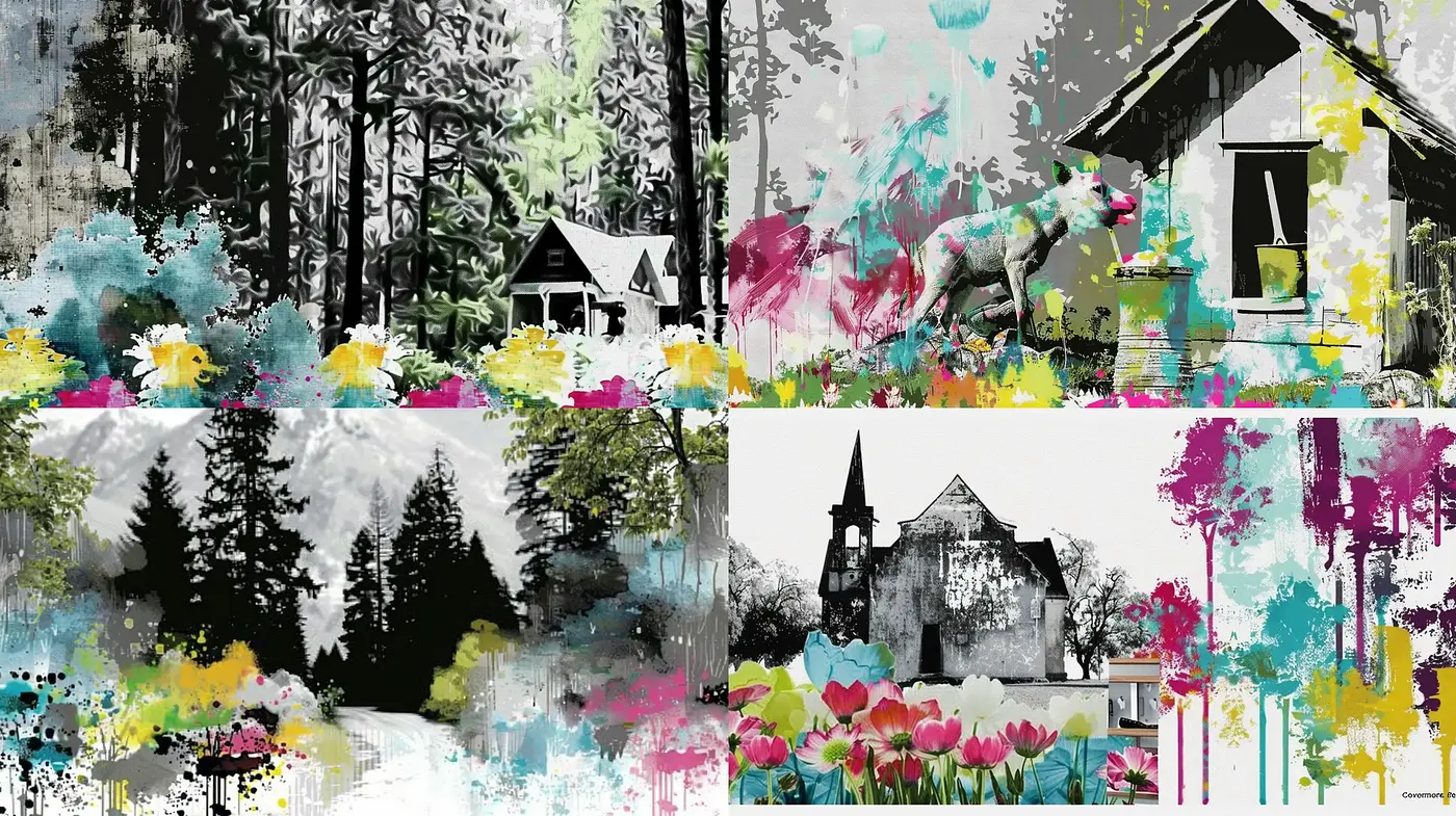 Abstract Naturalism with Splashes of Vibrant Color and Textured Elements - Midjourney sref style