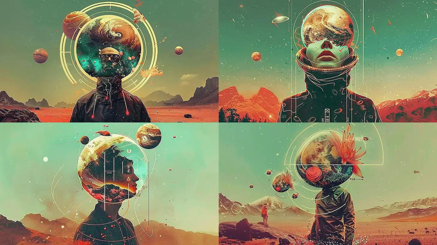 Surreal Cosmic Portraits with a Retro-Futuristic Aesthetic - Midjourney sref style