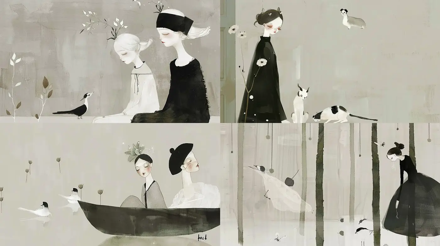 Serene Monochromatic Elegance: A Study in Minimalist Achromatic Whimsy - Midjourney sref style