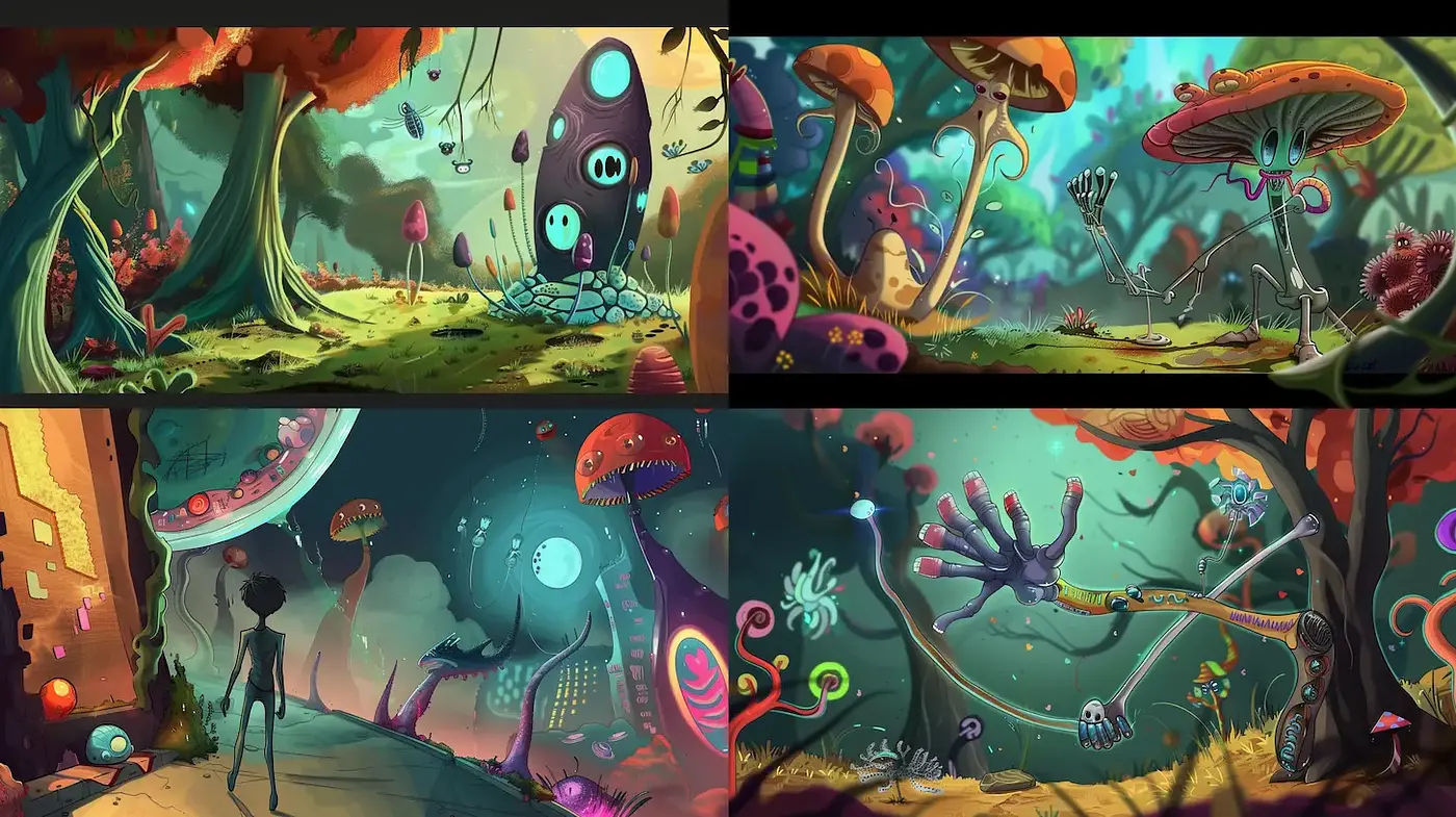 Vibrant, whimsical landscapes with surreal elements - Midjourney sref style