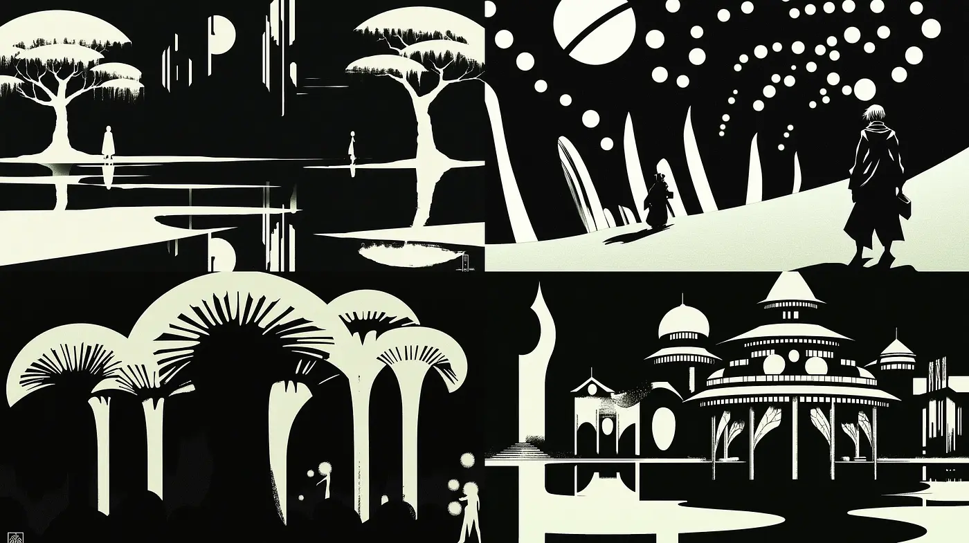 Monochromatic Silhouette Fantasy Scapes - Midjourney sref style