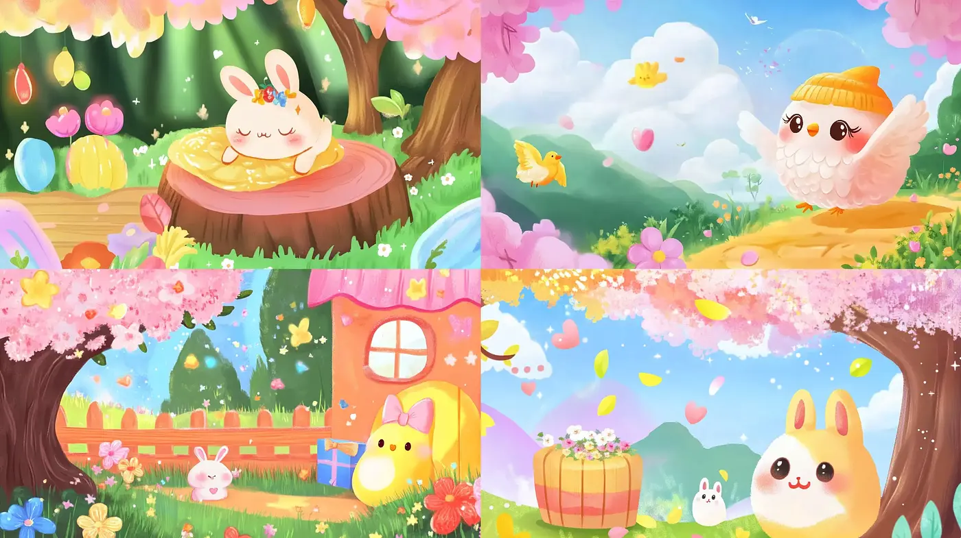 Enchanting Whimsical Spring: A Consistent Journey Through Pastel Storybook Landscapes - Midjourney sref style